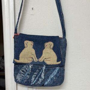 Denim Shoulder Bag with Dog Design